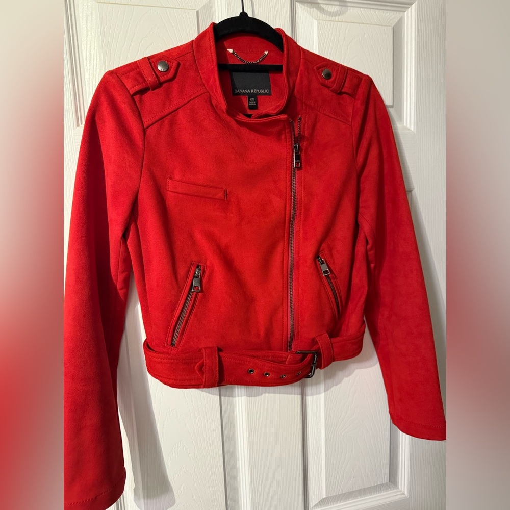 Banana Republic red belted crop Moto style jacket faux suede coat XS